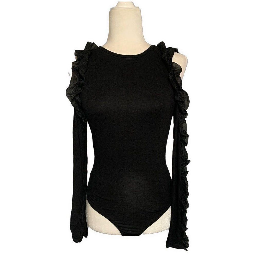 River Island Womens Solid Black Long Sleeve Ruffle Bodysuit Top 10 Medium